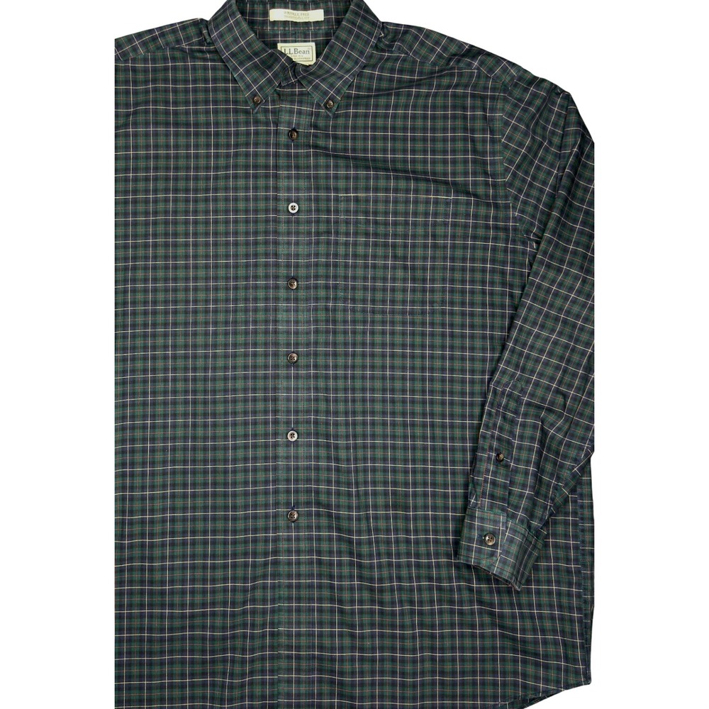 LL Bean XL Green Plaid Shirt Wrinkle Free Traditional Fit Button Down